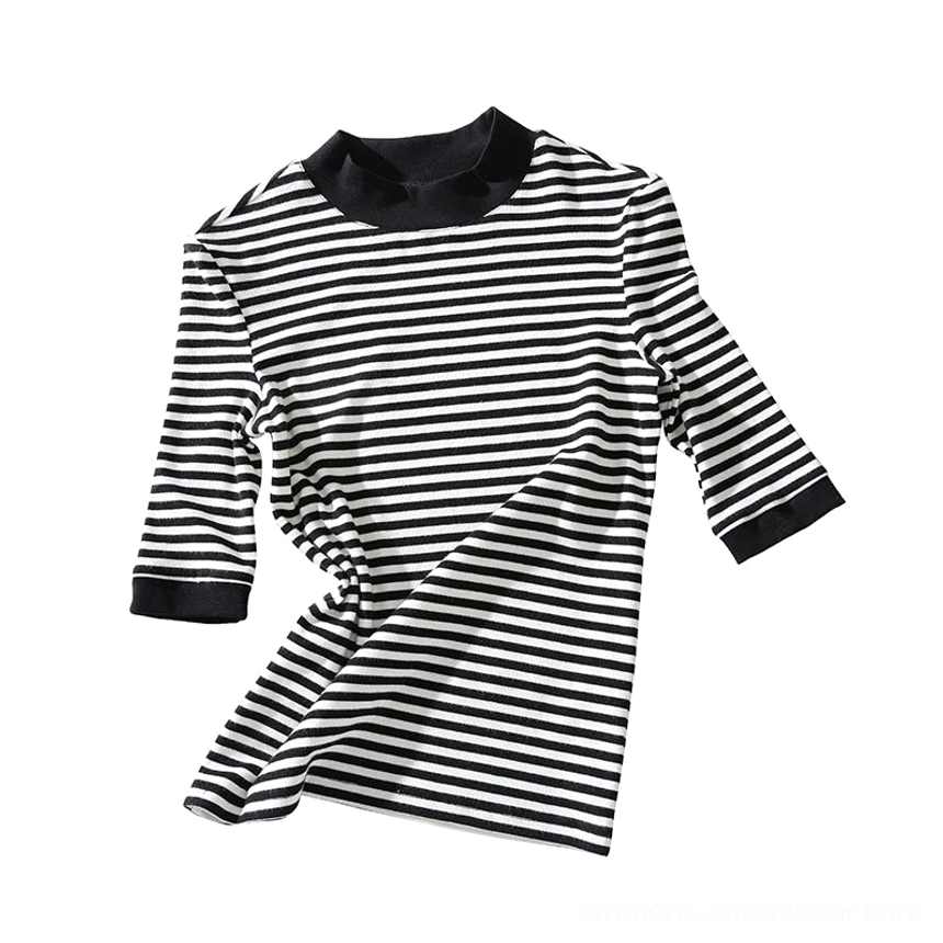 Black and white striped TENCEL mock neck half-sleeve streetwear top