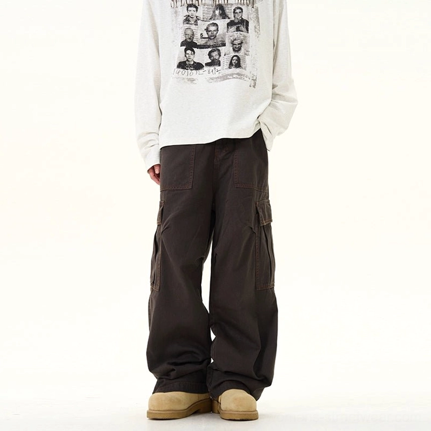 Black wide-leg cargo trousers with oversized utility fit for contemporary Korean and urban streetwear