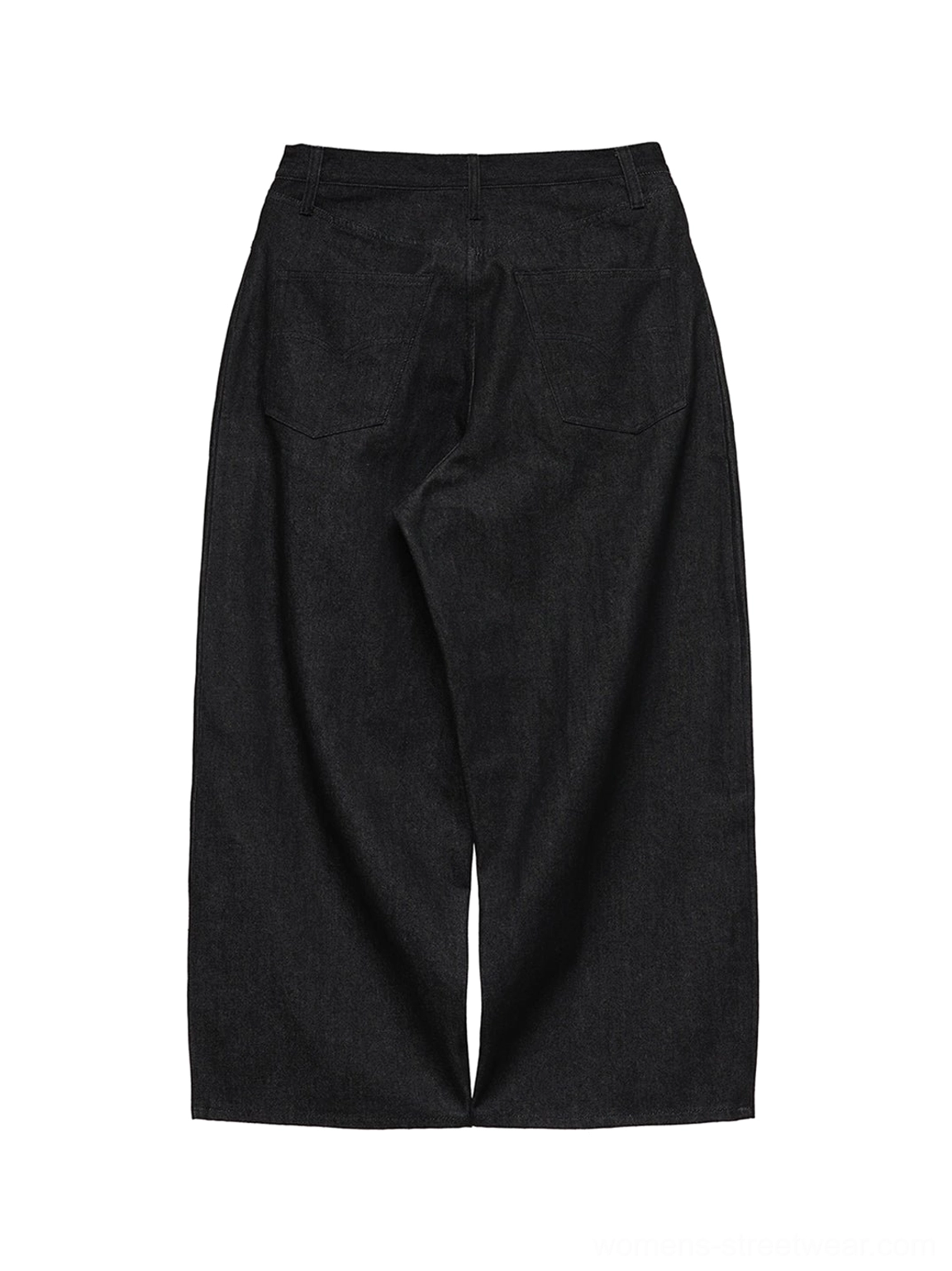 Back flat lay of black wide-leg denim pants showing two rear patch pockets, rear pleat, and clean non-fade denim finish