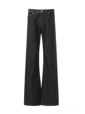 Full front studio view of black wide leg flare jeans with five pocket construction and metal button fly