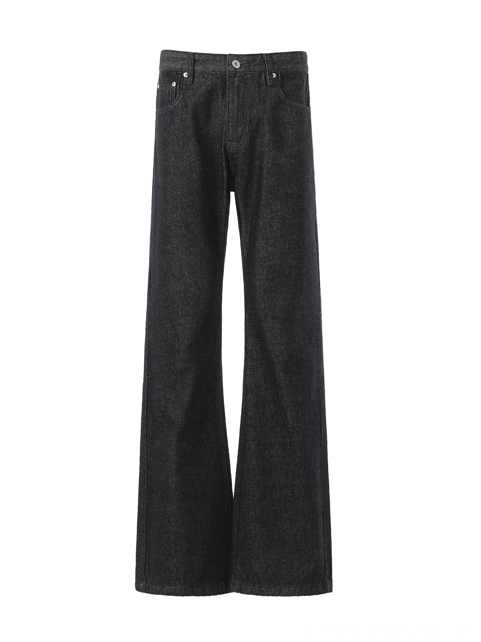 Full front studio view of black wide leg flare jeans with five pocket construction and metal button fly