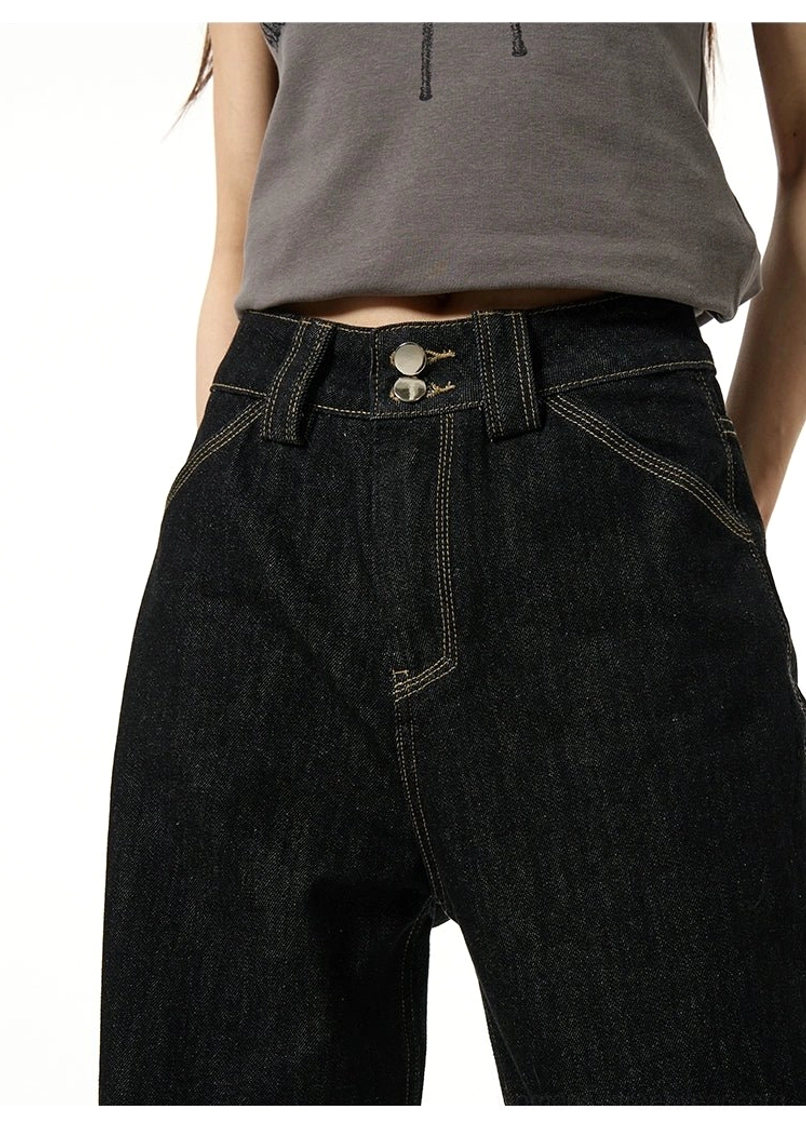 Close-up of black wide-leg jeans waist with double metal button closure, contrast pocket stitching, and structured dark denim