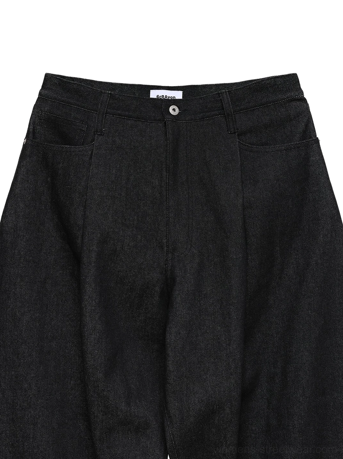 Front close-up of black wide-leg jeans highlighting the rigid 11.3 oz denim texture, button fly, waistband tag, and front pleats
