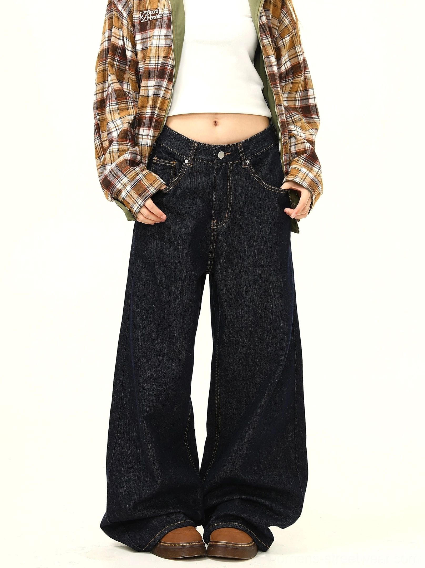 Front view of black wide leg mid waist jeans featuring classic front pockets button fly and relaxed Korean streetwear styling