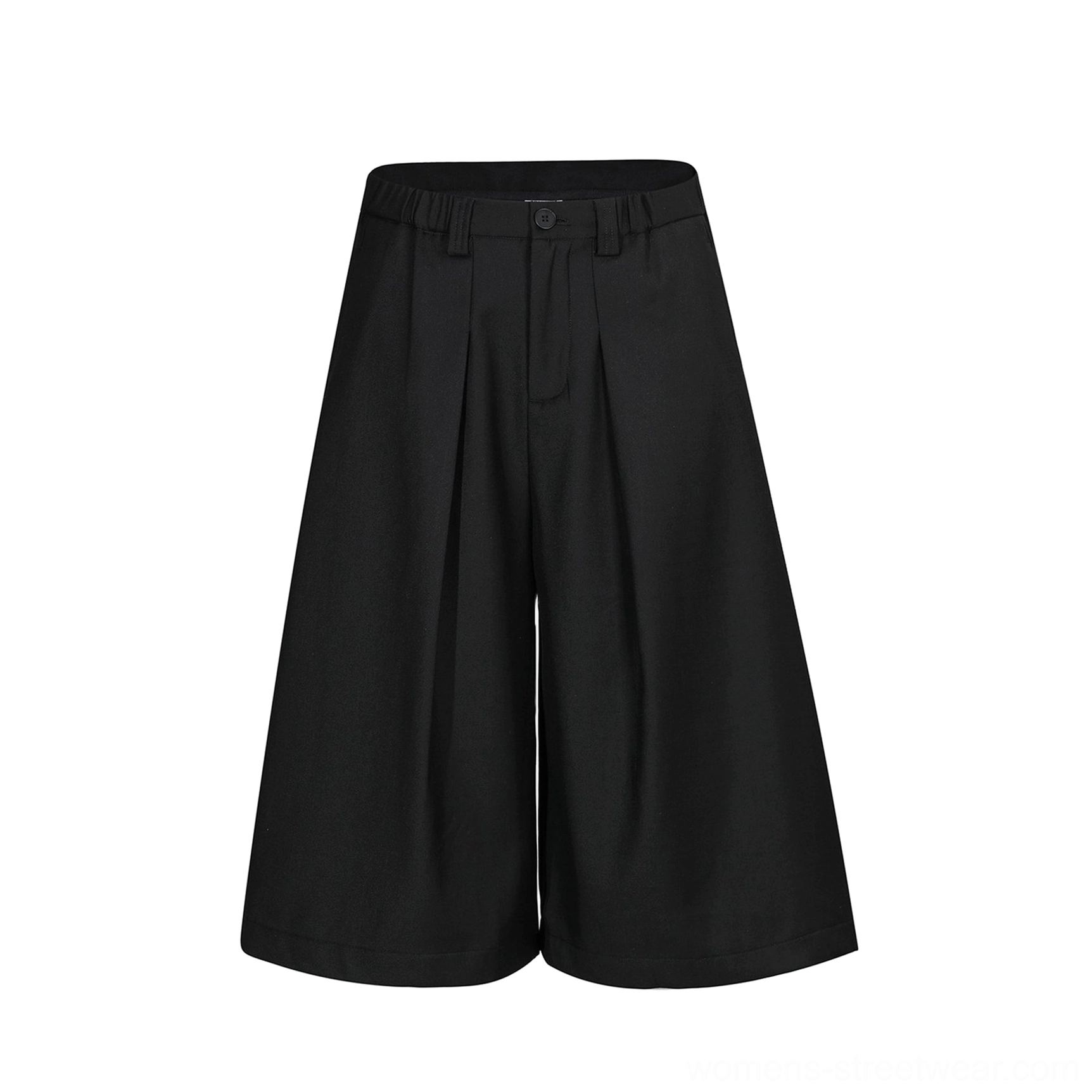 Black wide-leg pleated culotte trousers with cropped hem, tailored suiting fabric, and metal keyring utility detail