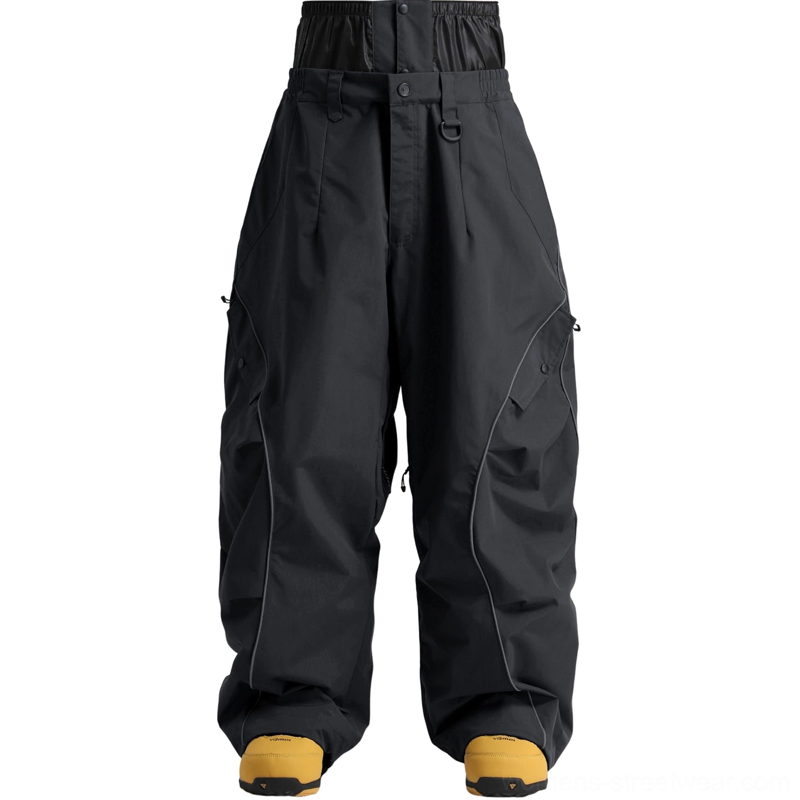 Black wide-leg reflective snow pants with contrast piping, button fly, and functional side cargo pockets