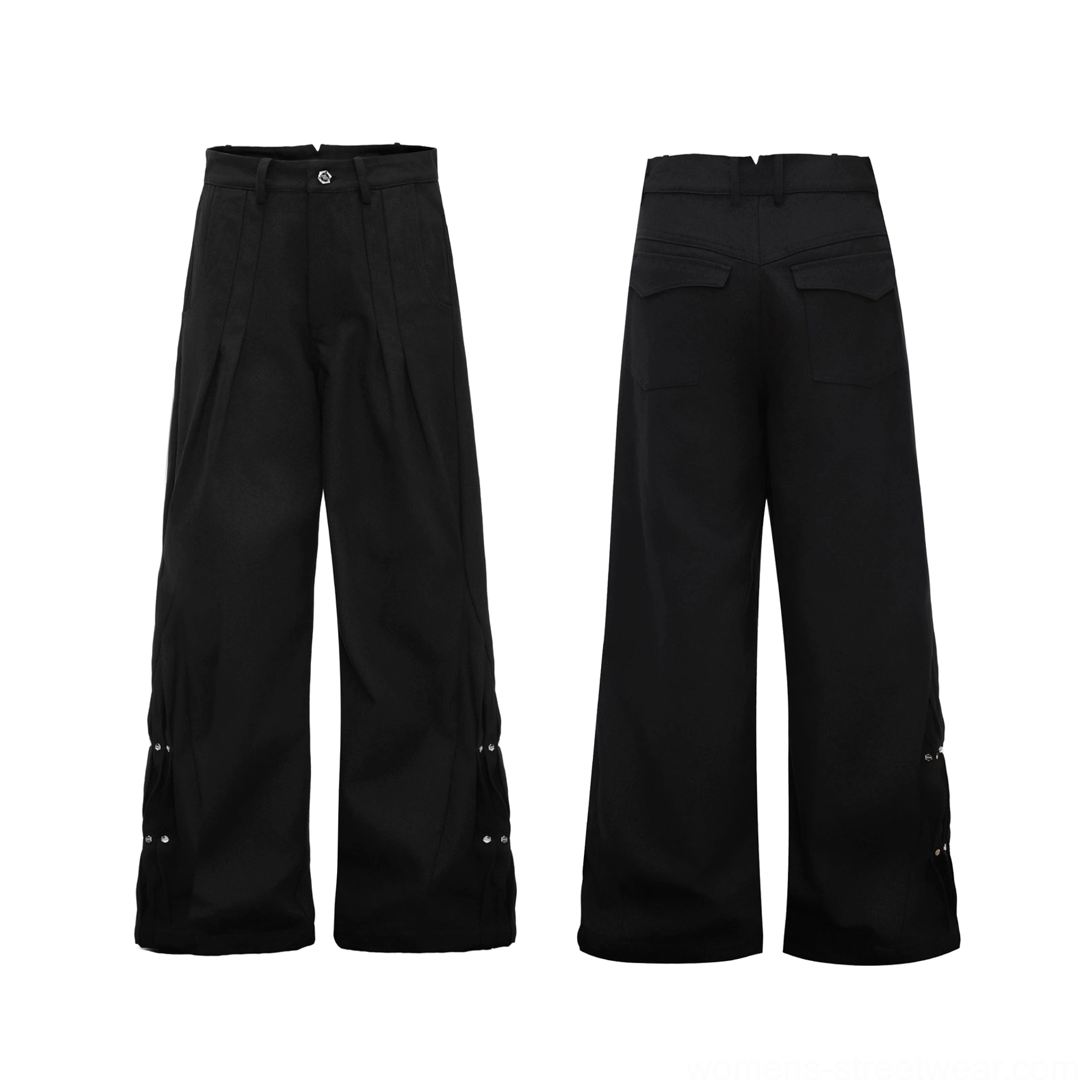 Flat lay front and back view of black wide-leg streetwear pants showing front pleats, rear patch pockets, adjustable lower-leg snap details, and metal rivets