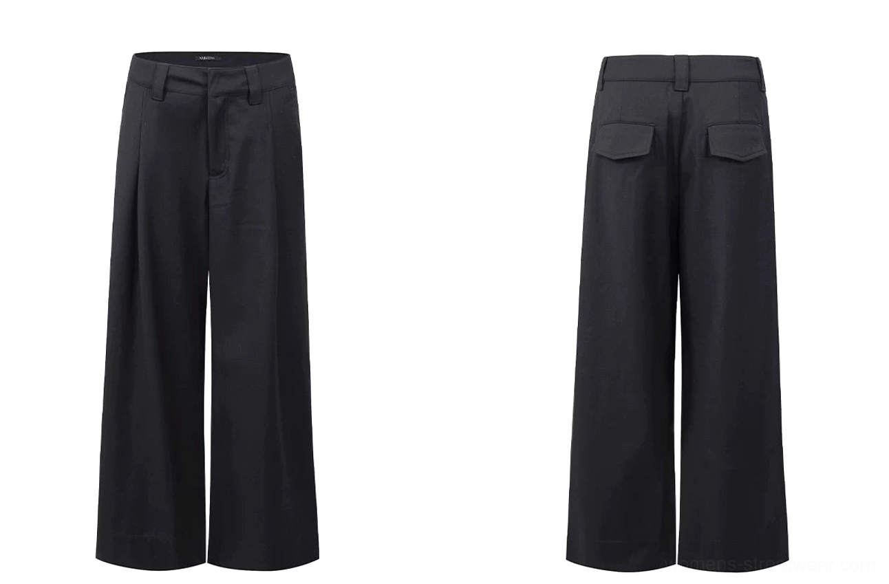 Flat lay front and back display of black wide-leg tailored trousers showing belt loops, zipper fly, front pleats, rear pockets, and wide hems
