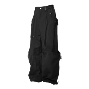 Black wide leg streetwear cargo pants in durable technical fabric with oversized side pockets and metal rivet trims