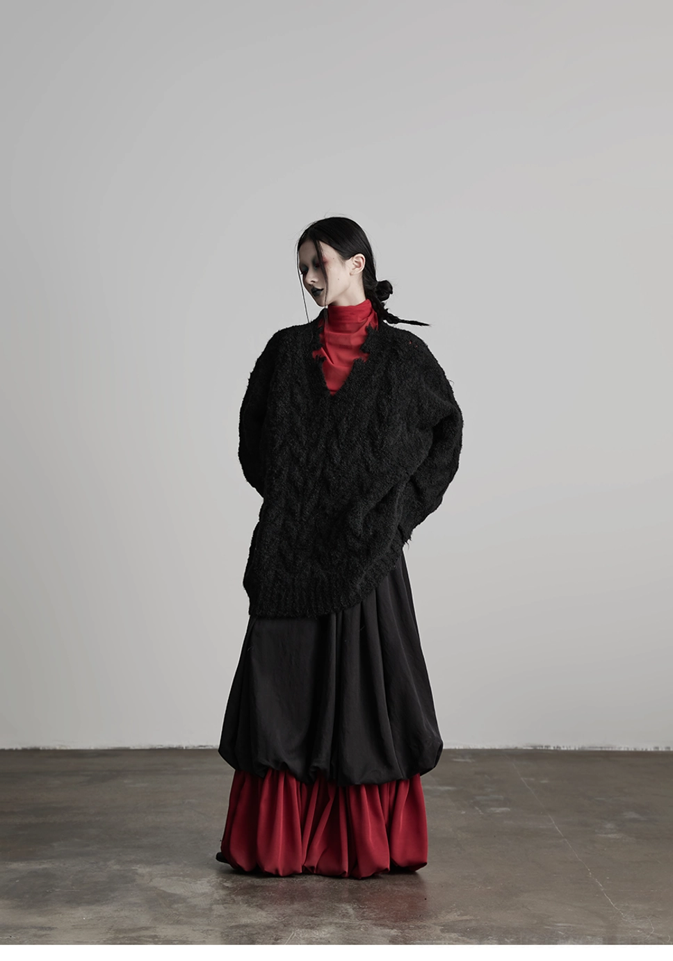 Black and wine red alternative fashion maxi skirt with full A-line silhouette and layered look