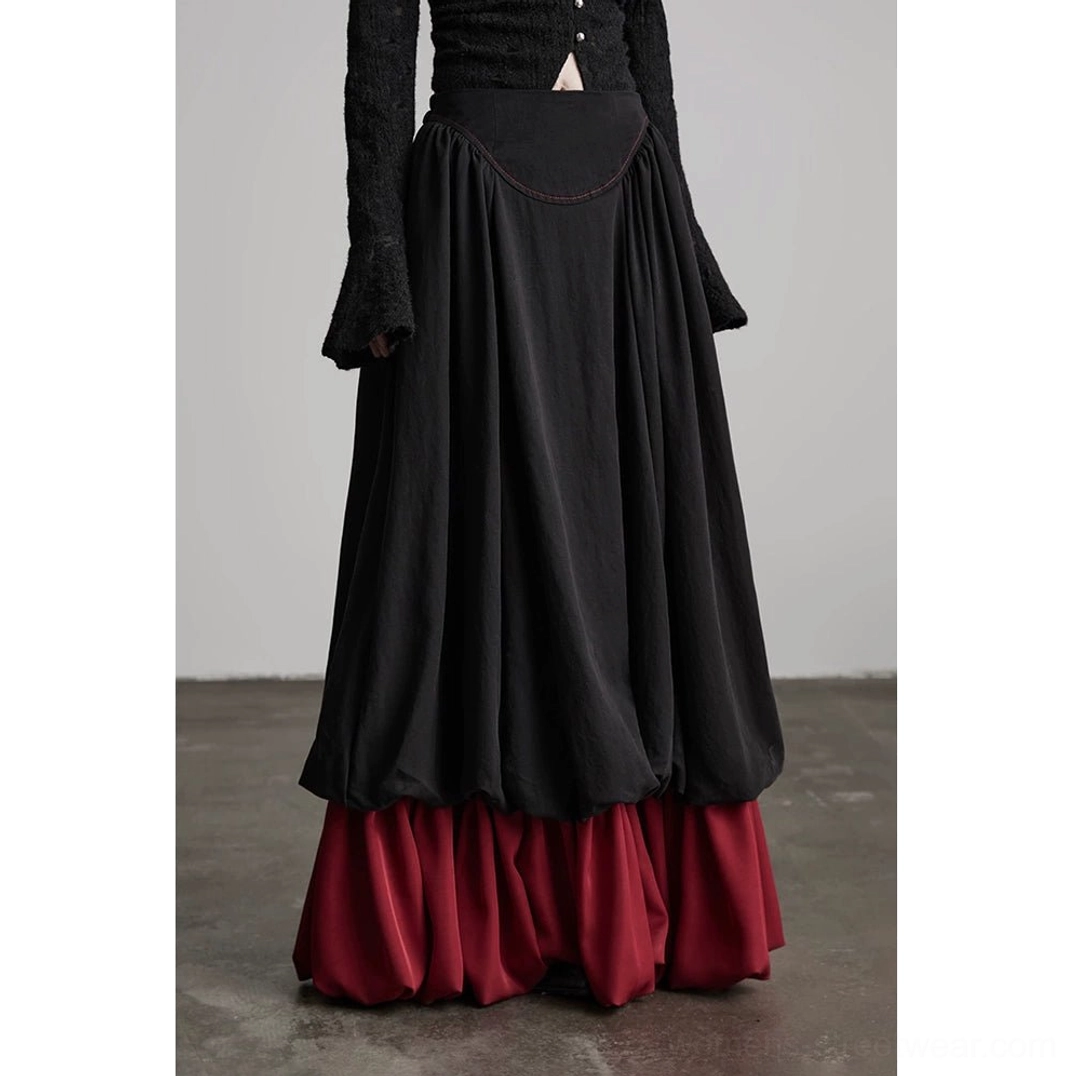Black and wine red faux two-piece gothic A-line maxi skirt product image
