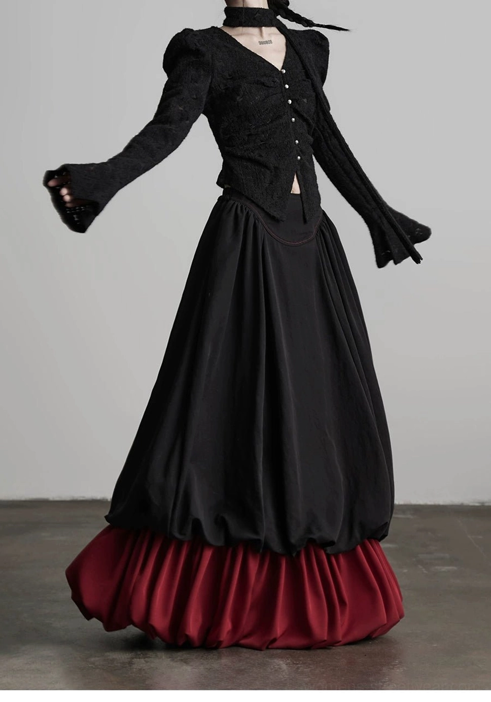 Black and wine red gothic patchwork faux two-piece A-line maxi skirt styled for alternative streetwear