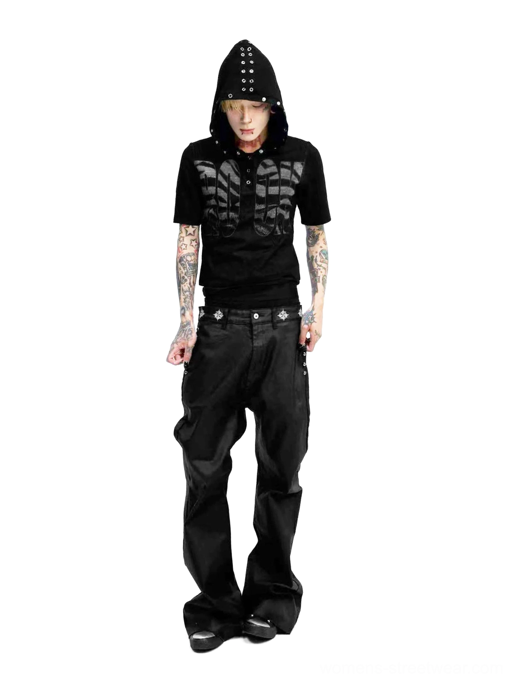 Black wing graphic hooded streetwear tee styled with wide-leg black pants in an alternative fashion look