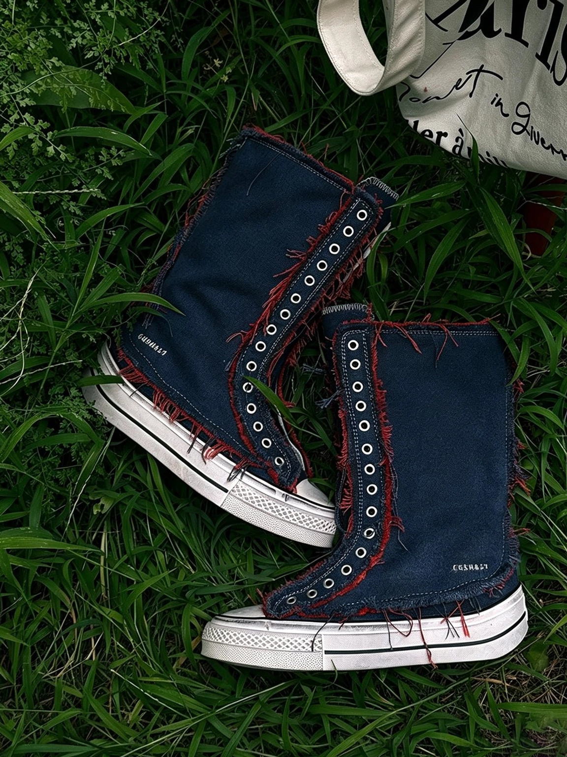 Black women's distressed canvas platform boots with tall high-top shafts, lace-up fronts, and white rubber soles