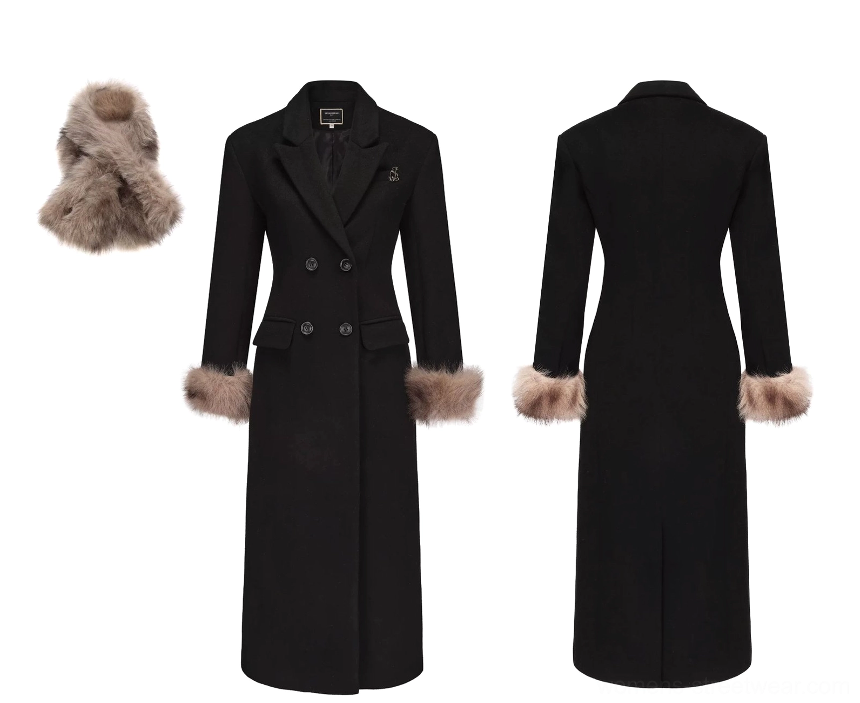 Black women's faux fur cuff wool blend maxi coat front and back flat lay with matching wrap scarf, notch lapels and back vent