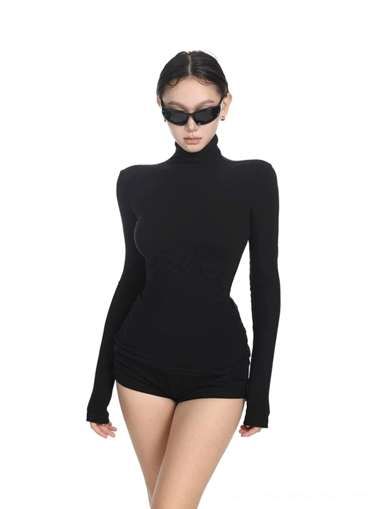 Black fitted turtleneck top for women featuring a high neck, long sleeves, sleek slim fit, and minimalist Seoul-inspired streetwear styling