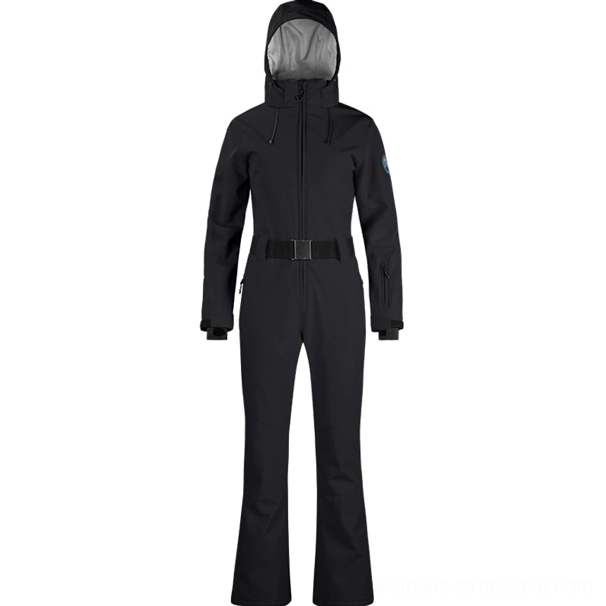 Black women's flared one-piece ski jumpsuit with hood front zipper and matching waist belt