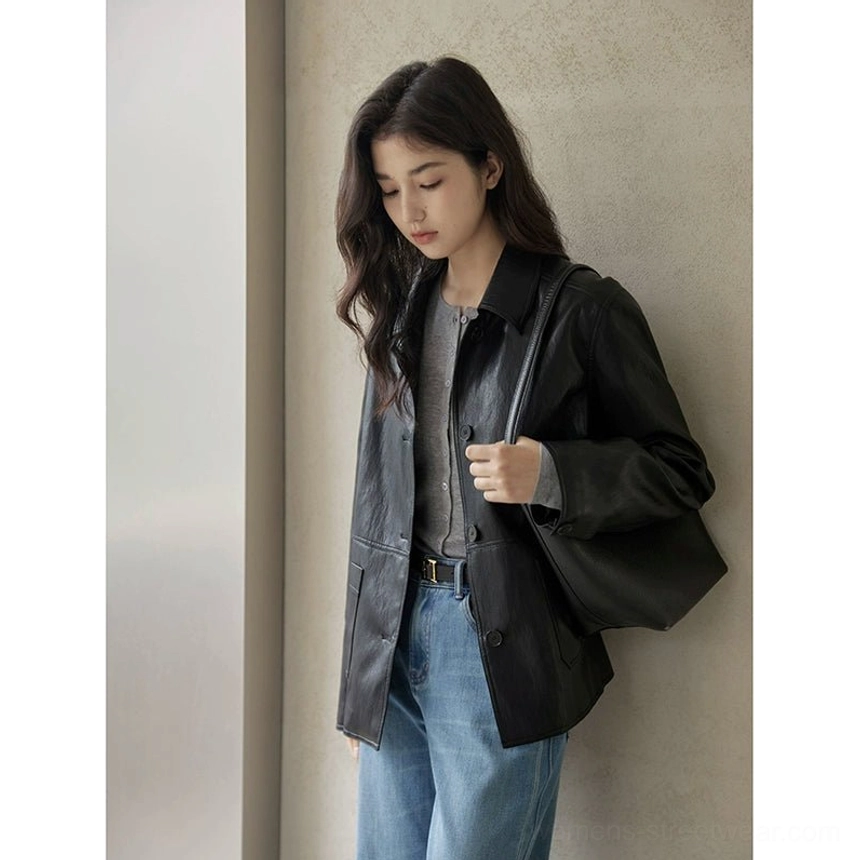 Black color option of the women’s vintage short leather jacket with relaxed streetwear silhouette