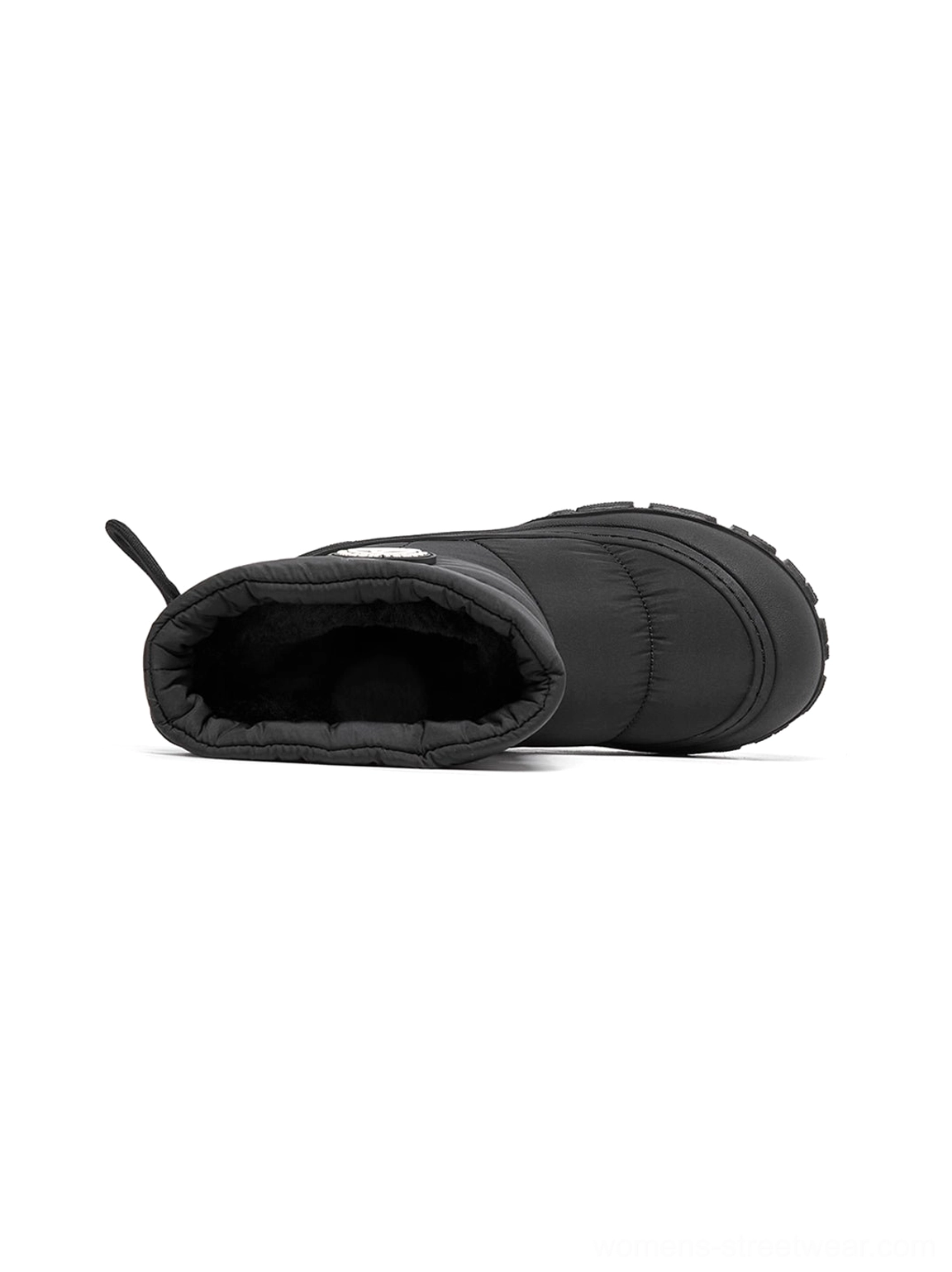 Black women's winter puffer boots featuring a pull-on shape, drawstring collar, and chunky molded sole