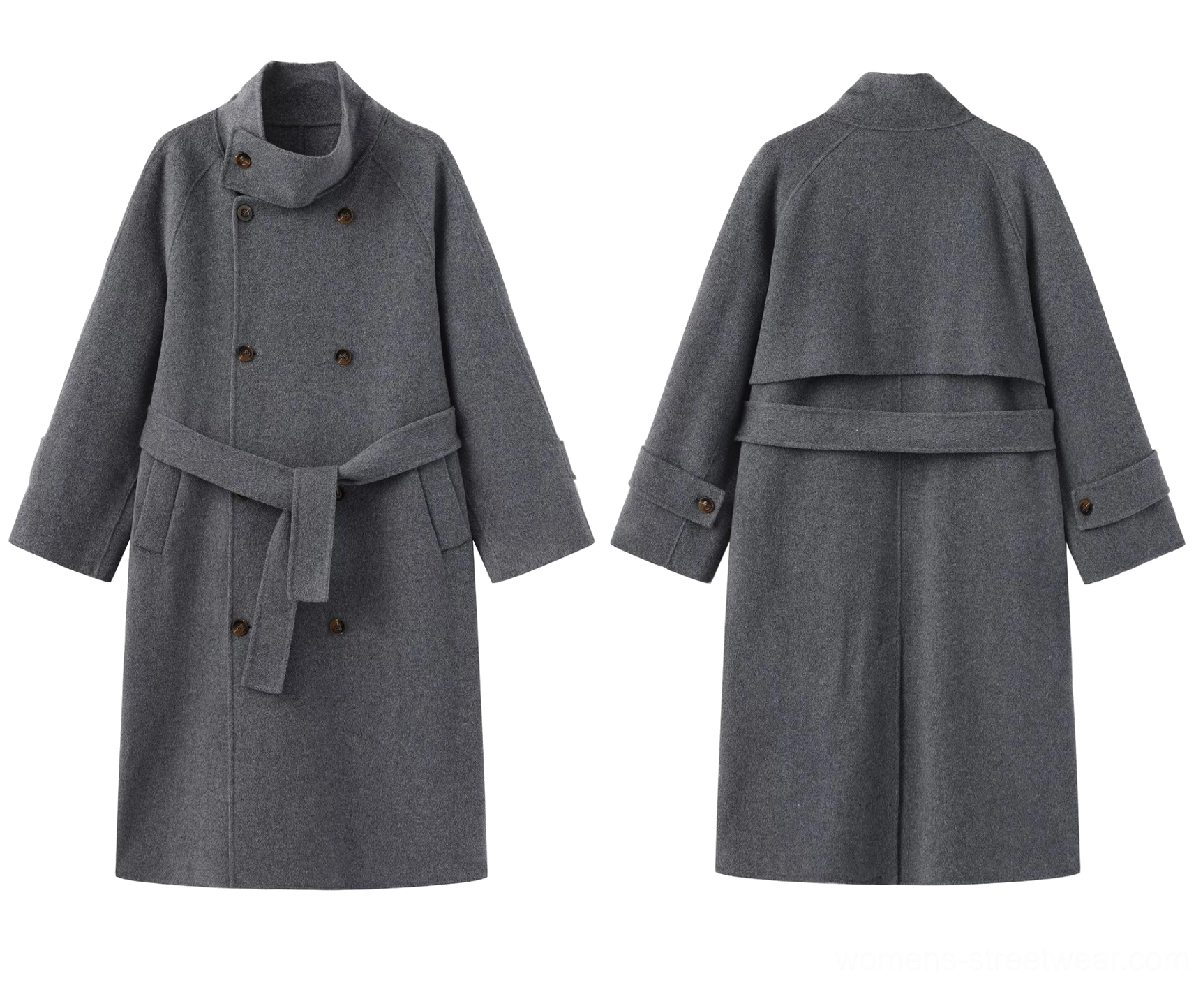 Back view flat lay of black wool maxi trench coat with back yoke split hem cuff buttons and waist strap