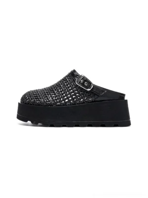 Black woven cutout platform mules with chunky lug sole, silver buckle and backless slip-on streetwear design shown from the left side