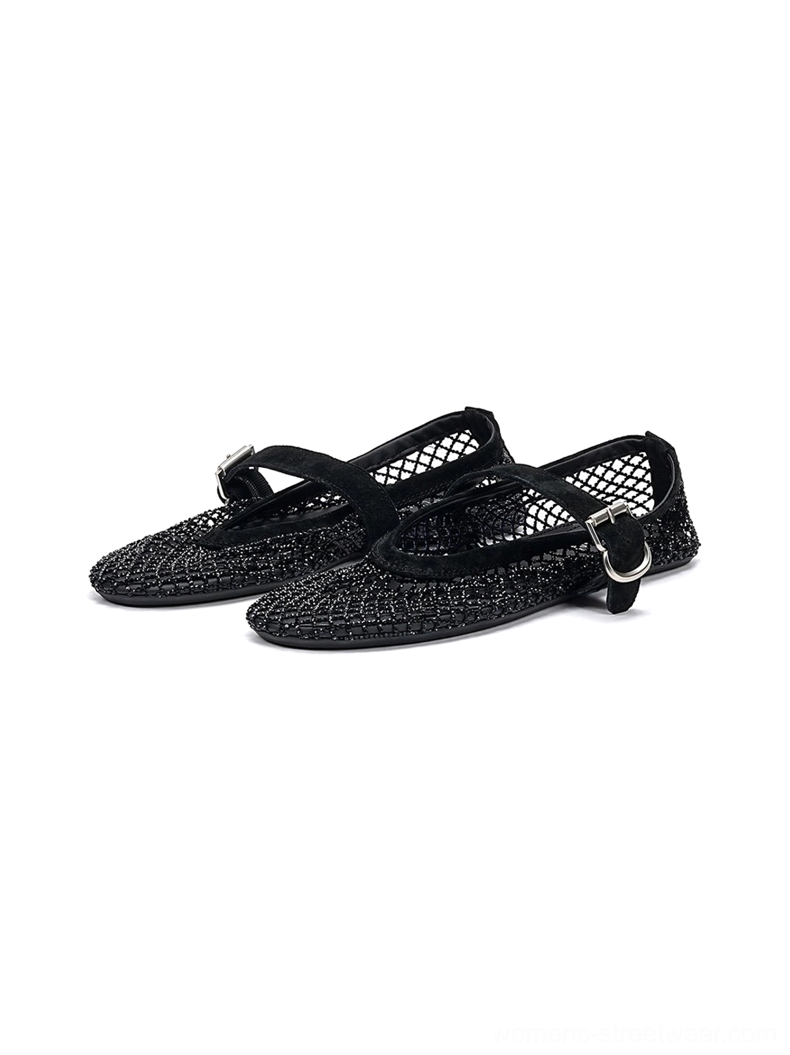 Black woven mesh Mary Jane flats in angled overhead view with crossed placement and silver buckle strap details
