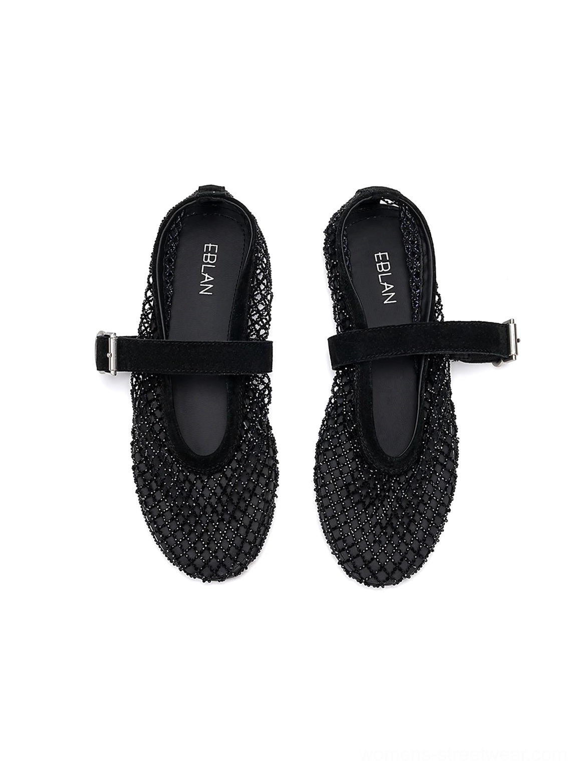 Front view of black woven mesh Mary Jane flats with matching adjustable buckle straps and low-profile soles