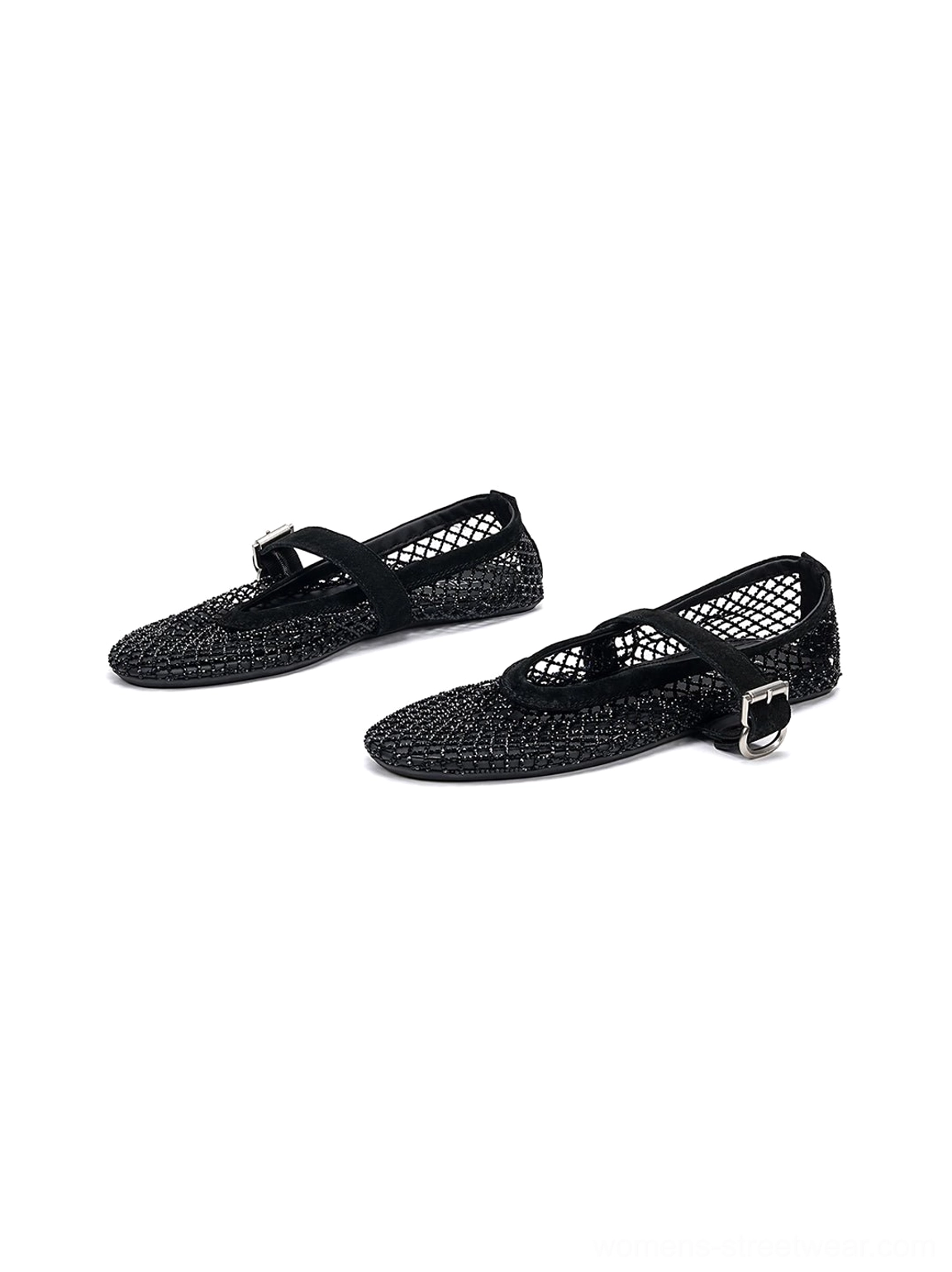Overhead view of black mesh Mary Jane flats showing rounded toe shape, flat sole, and secure buckle fastening