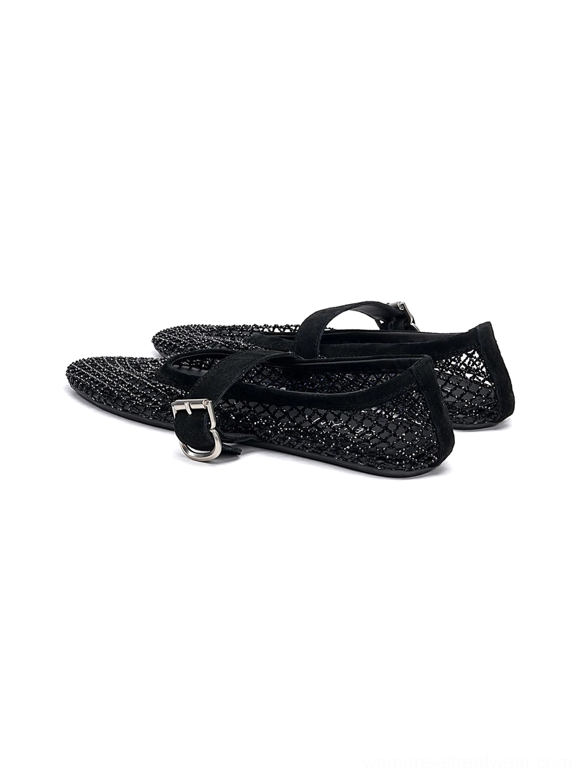 Pair of black woven mesh Mary Jane flats displayed from above, showing open mesh texture and metal buckle straps