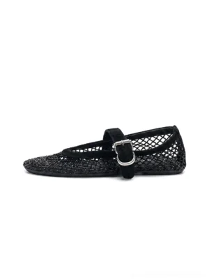 Black woven mesh Mary Jane flats in left side view with round toe, adjustable strap, and silver buckle on white background