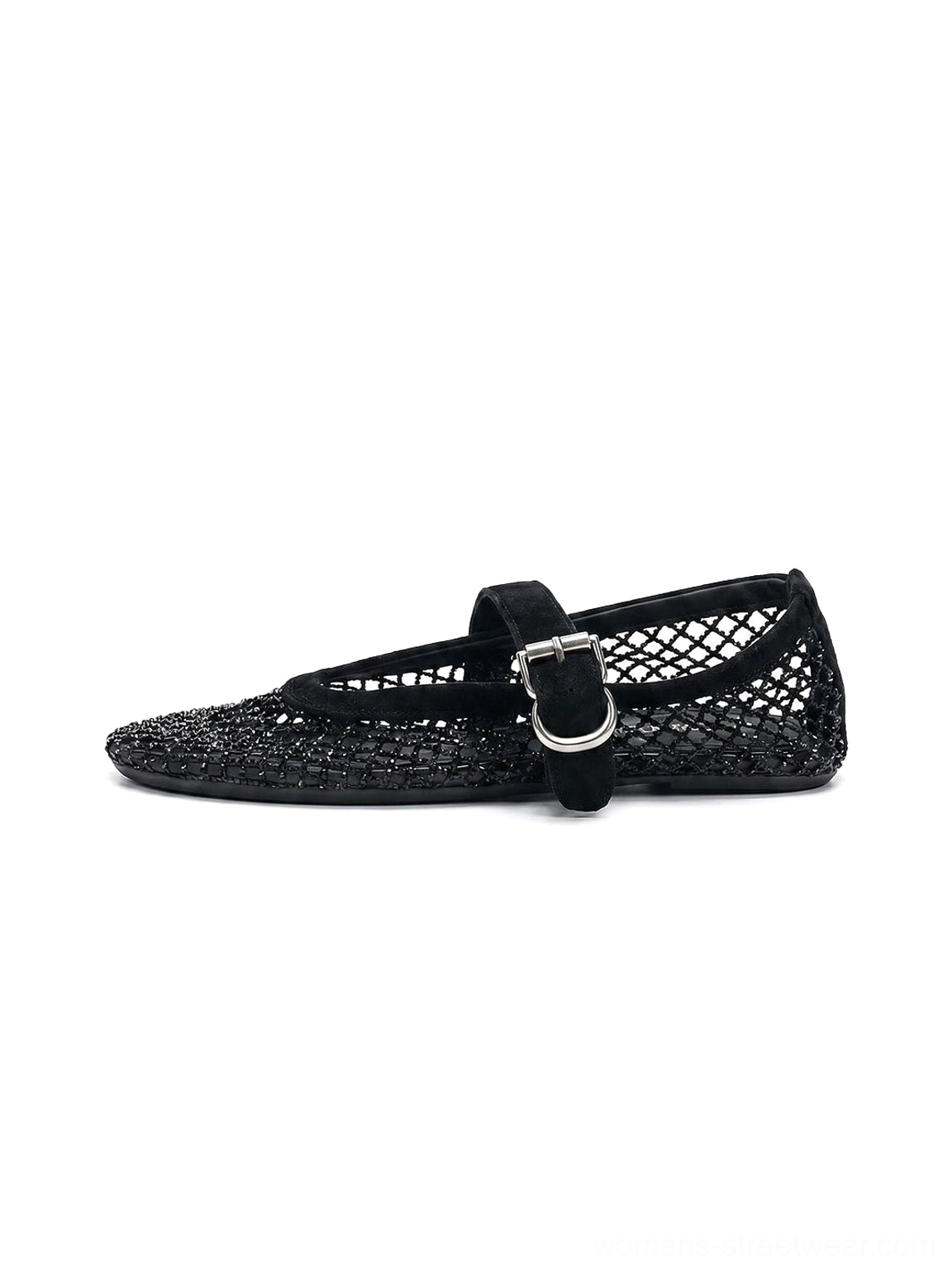 Black woven mesh Mary Jane flats in left side view with round toe, adjustable strap, and silver buckle on white background