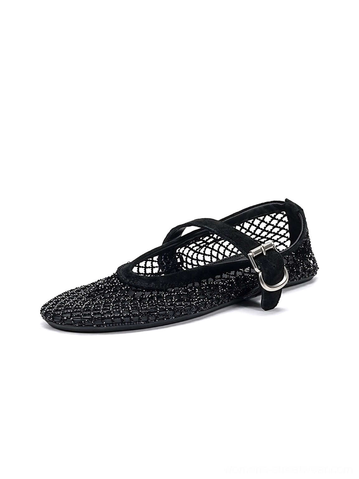 Black woven mesh Mary Jane flat with textured light-catching upper, round toe, and silver buckle on white background