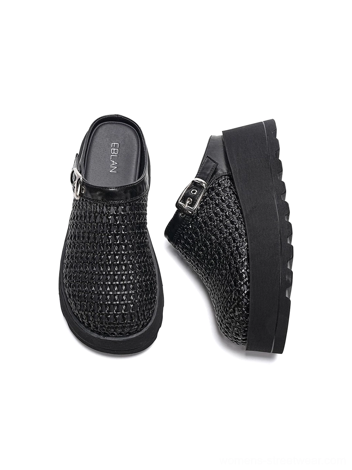 Black woven platform mules shown in front and side views highlighting the chunky lug platform sole and textured upper