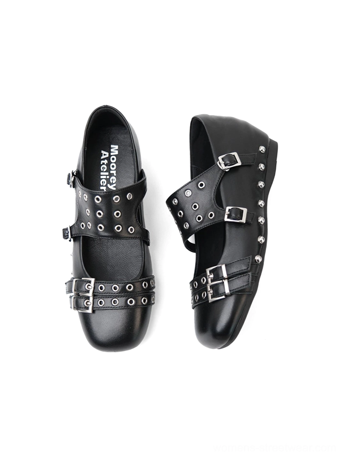 Black Y2K goth platform Mary Jane flats with dual straps and sculptural streetwear silhouette