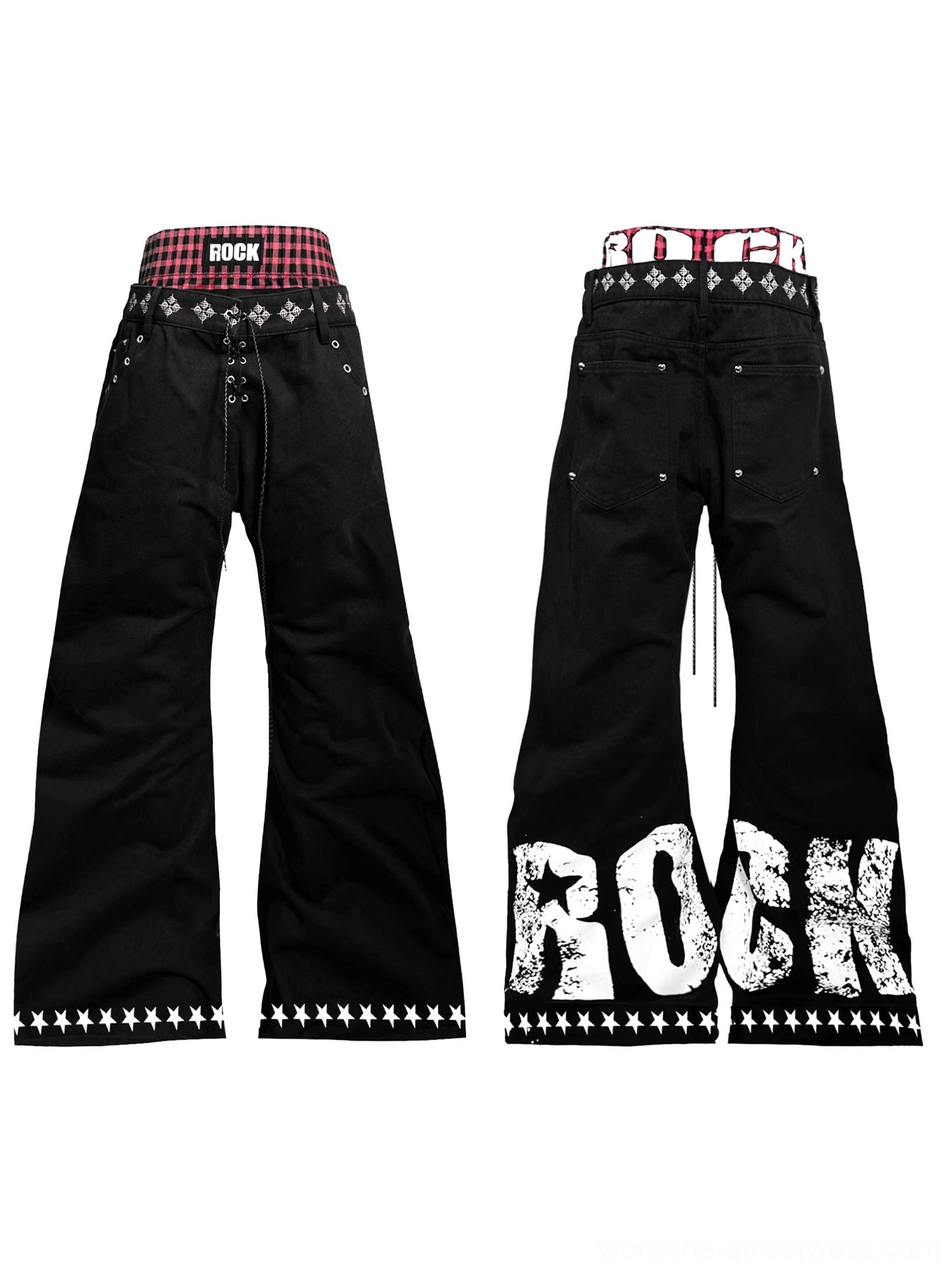Flat lay front and back view of black Y2K punk jeans with red plaid waistband, lace-up detailing, star embroidered hems, and distressed rock graphics