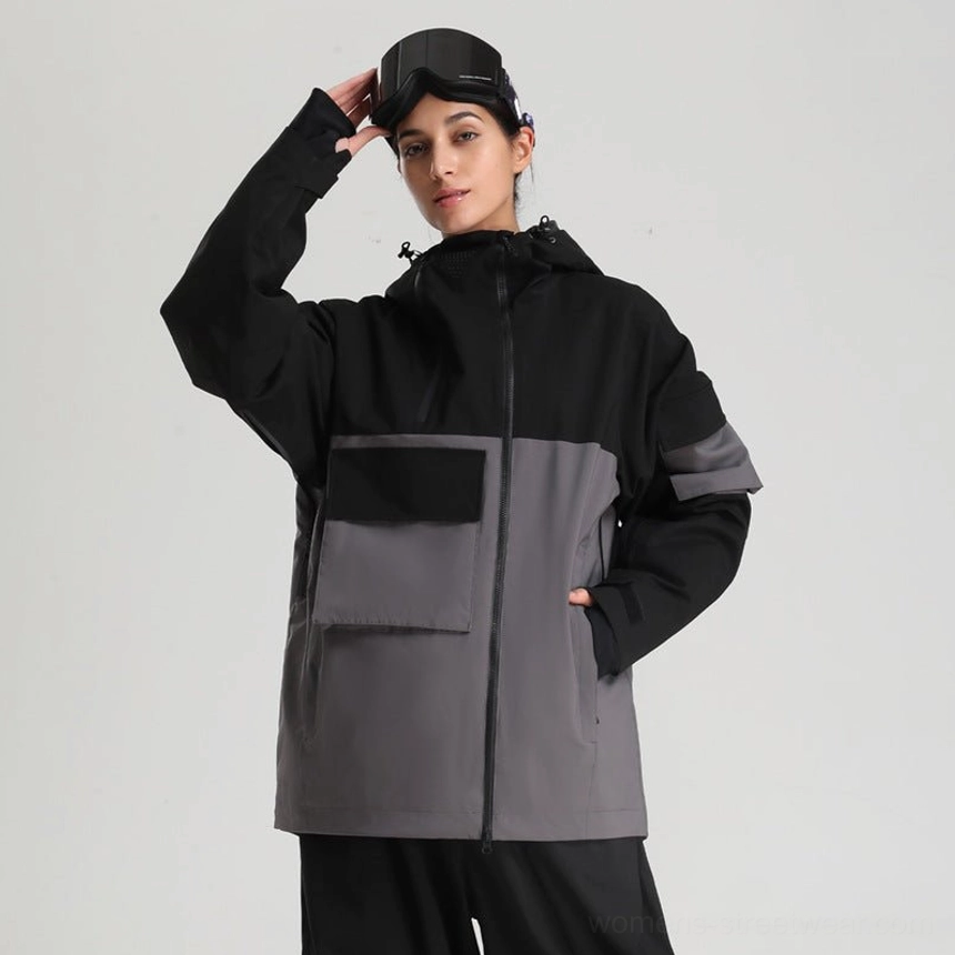 Black grey and white block panel tech snowboard jacket with oversized snow streetwear silhouette