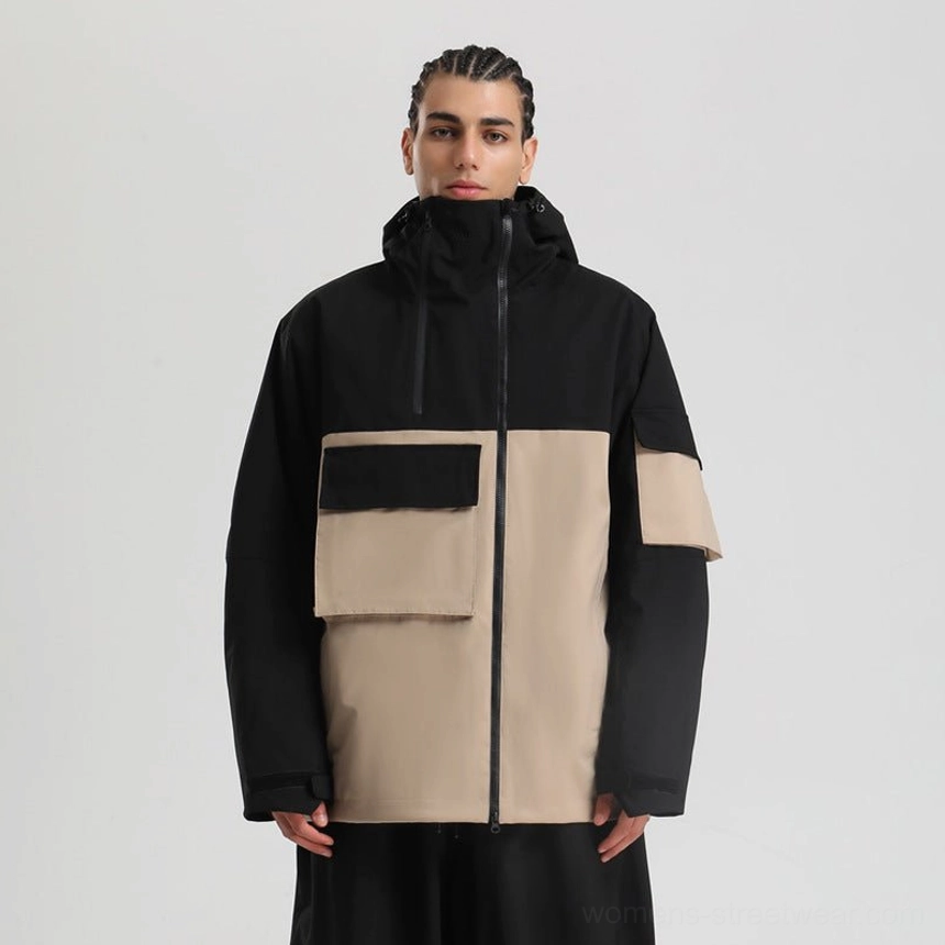 Black khaki and grey three tone block panel tech snowboard jacket front view