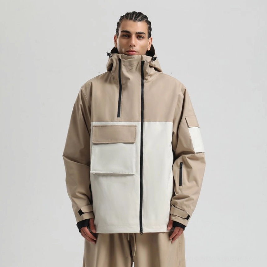 Khaki and off white oversized tech snow jacket with color blocked streetwear design
