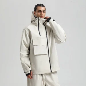 Off white block panel tech snowboard jacket with hood, front utility pocket, and black zipper details