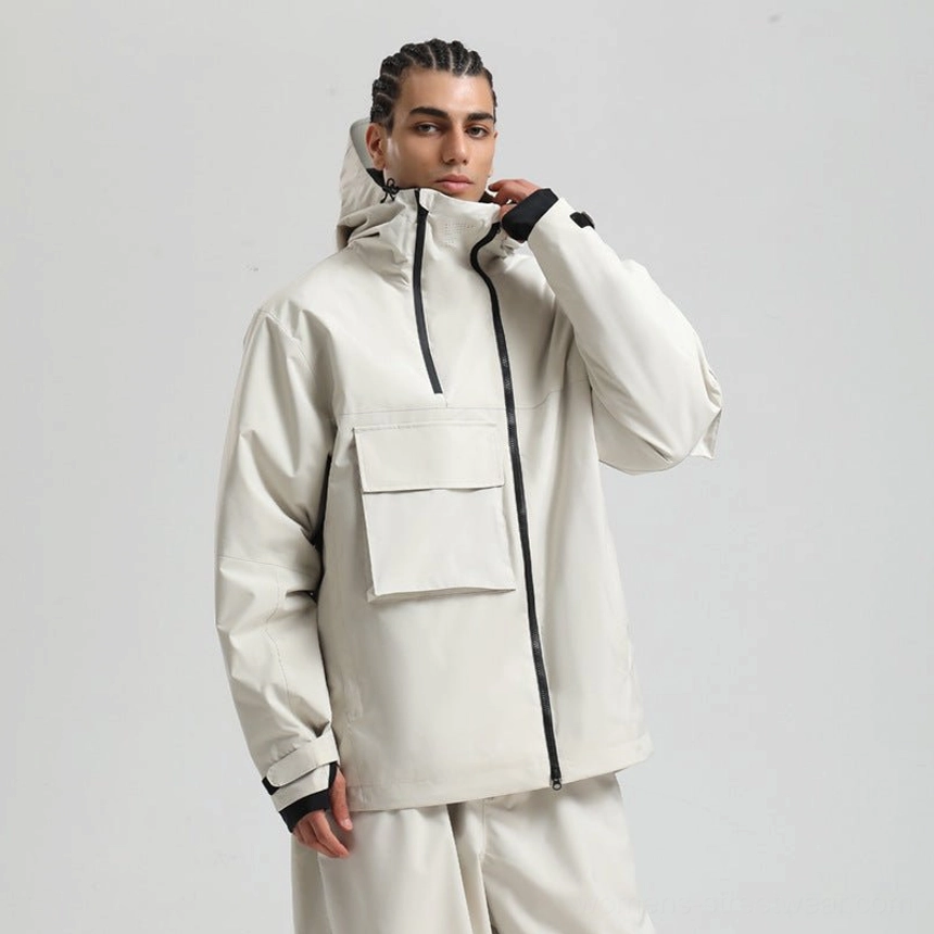 Off white block panel tech snowboard jacket with hood, front utility pocket, and black zipper details