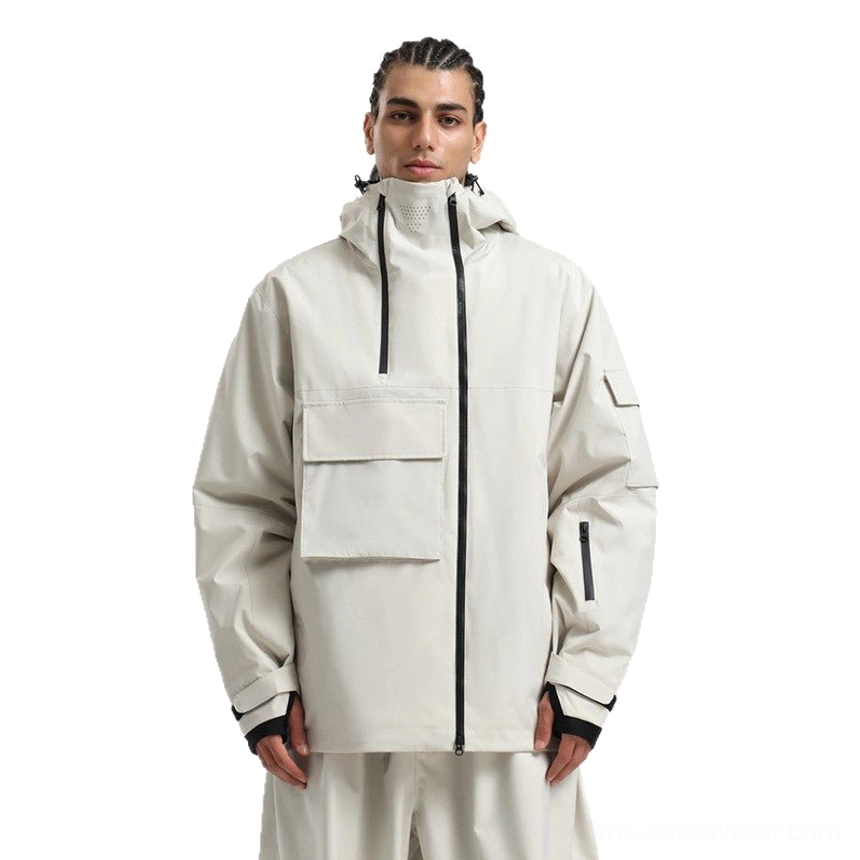 Off white oversized technical snowboard jacket with front flap pocket and thumbhole cuffs