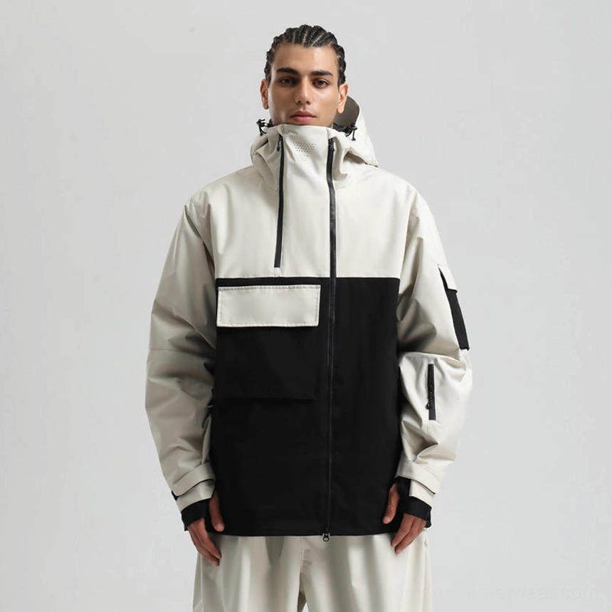 White and black color block technical snowboard jacket with hood and utility pocket