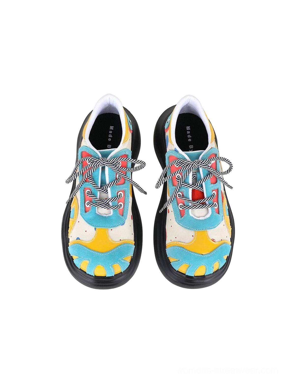 Blue abstract print platform derby shoes featuring a mixed-material upper and sculpted matte black sole