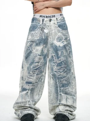 Front view of blue acid-wash baggy jeans showing ripped distressed texture, classic jean pockets, wide legs, and visible waistband detail