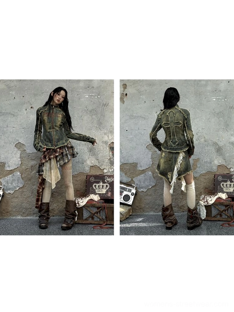 Blue acid-wash denim corset jacket with fitted silhouette for Korean streetwear outfits