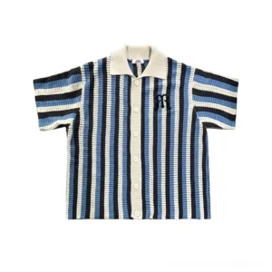 Flat lay view of blue black and cream striped openwork knit polo shirt with contrast collar and button placket