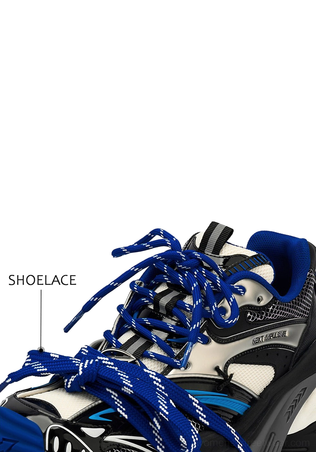 Blue black and white platform sneakers featuring a sculptural chunky sole, textured upper panels, and futuristic Korean streetwear styling