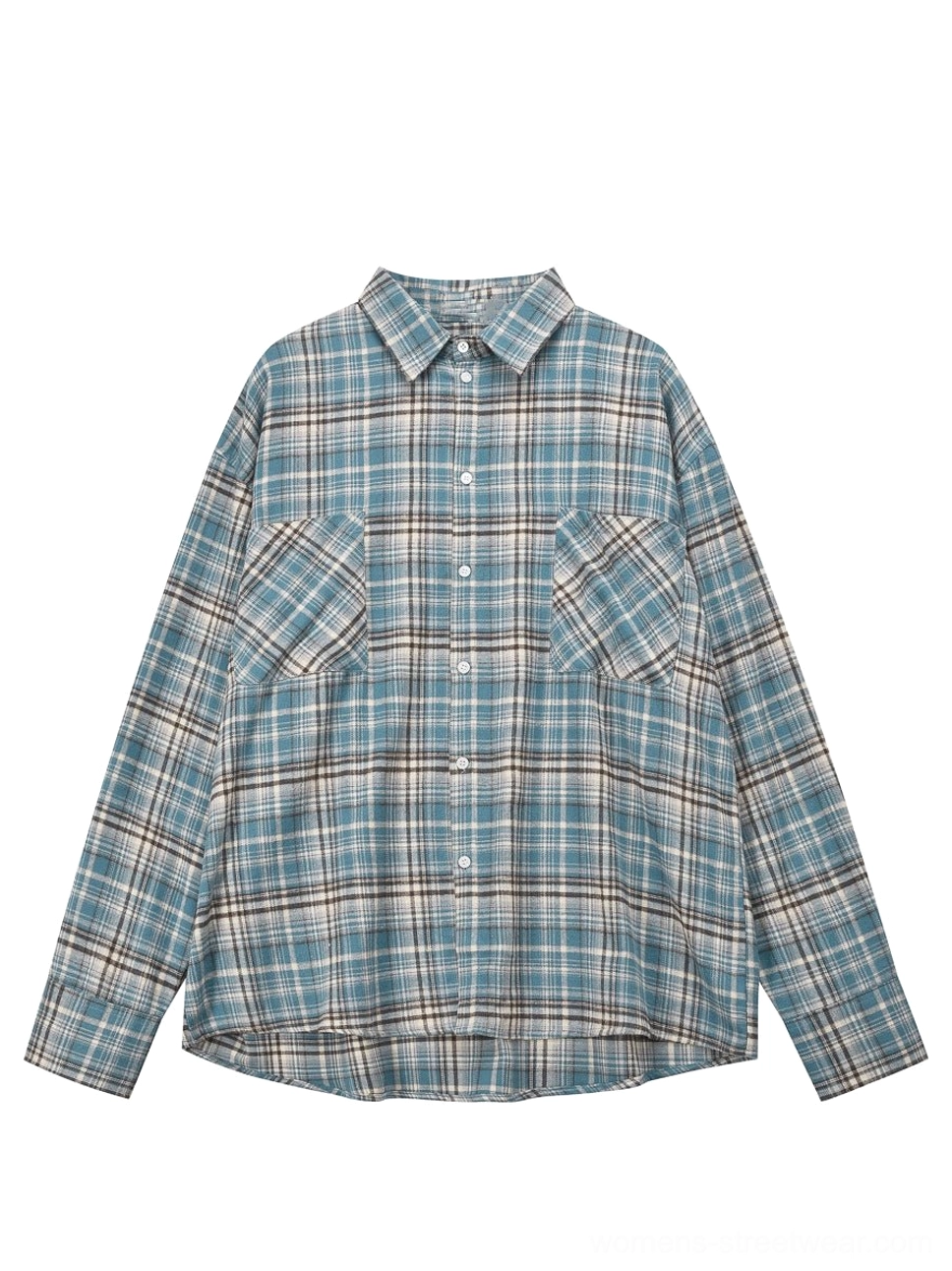 Flat lay view of a blue brown oversized plaid flannel shirt with collar button front chest pockets and long sleeves