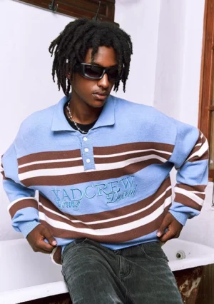 Blue brown and white striped embroidered polo knit sweater relaxed unisex fit on male model