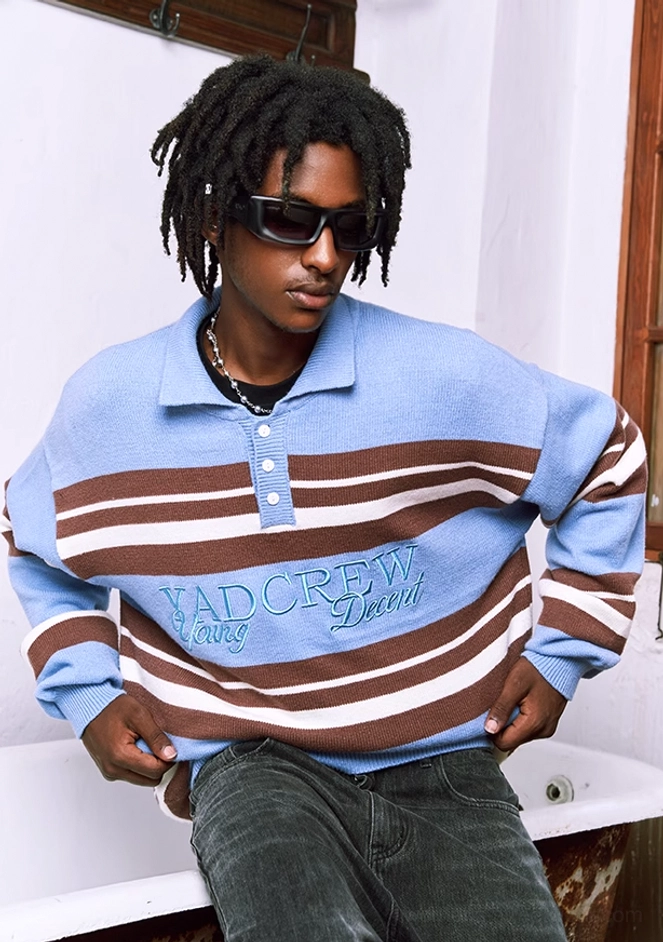 Blue brown and white striped embroidered polo knit sweater relaxed unisex fit on male model